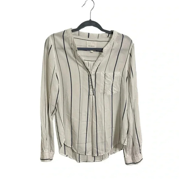 THREAD AND SUPPLY White and Light Blue Striped Half Button Down Collared Shirt L - Picture 1 of 12